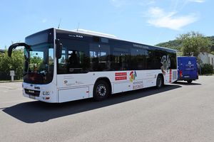 Zwei Busse mit „Hohenlohe to go“- und „Hohenlohe.Business“-Werbung fahren durch den Landkreis
